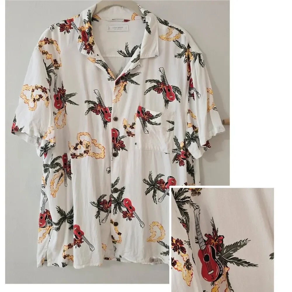 Lucky Brand Hawaiian Button Up Shirt with Ukulele Hibiscus Lei Size L Large